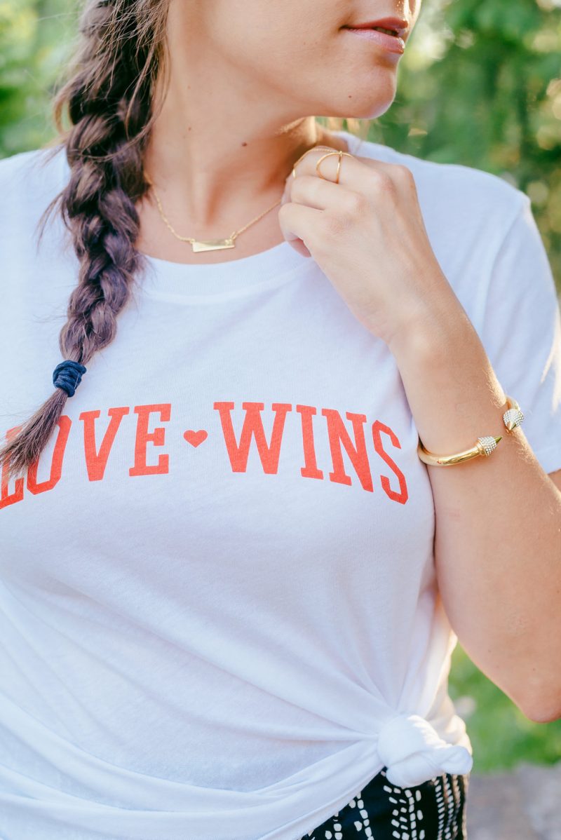 Love wins knotted tee and wide leg trousers 