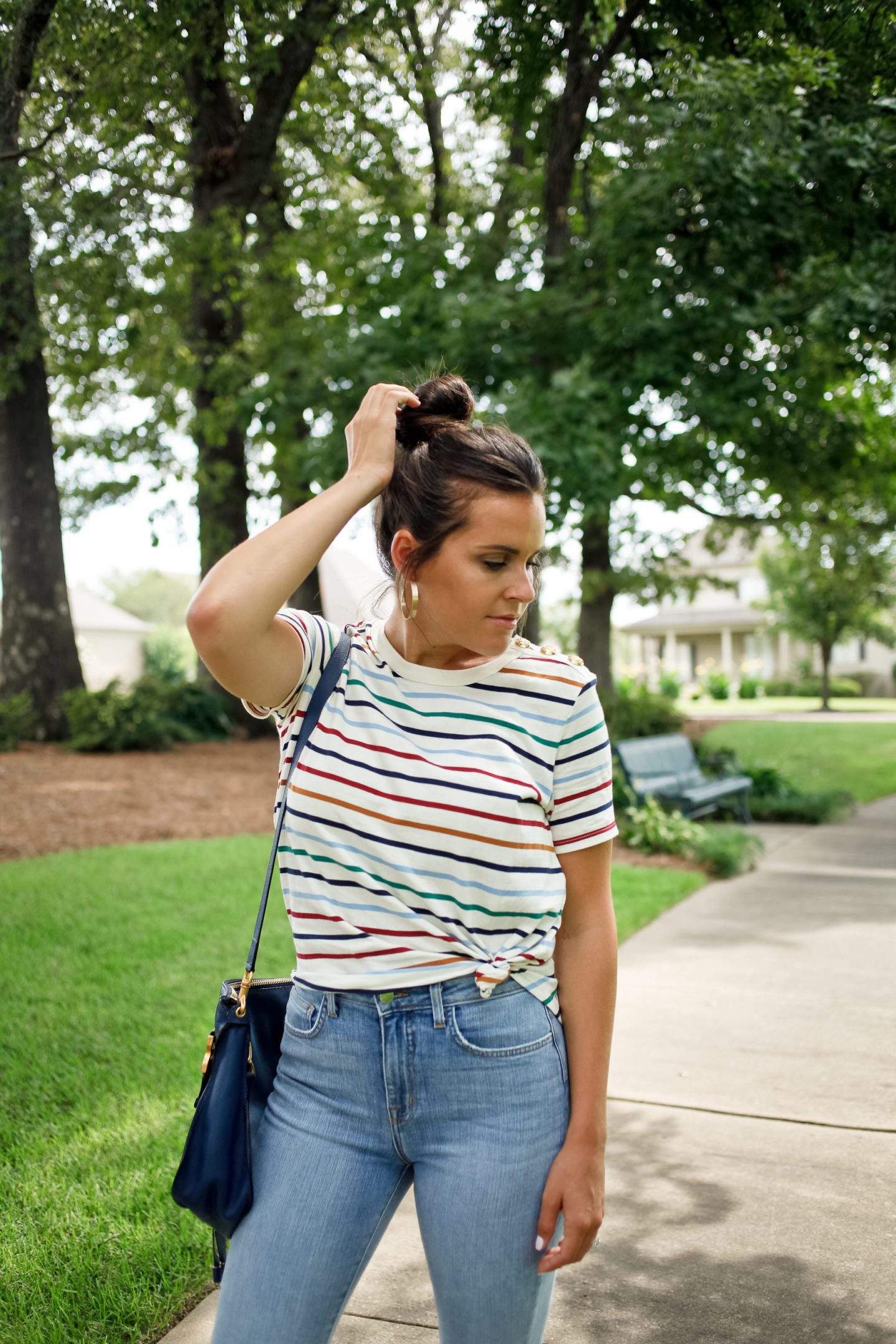 knotted striped shirt and distressed denim
