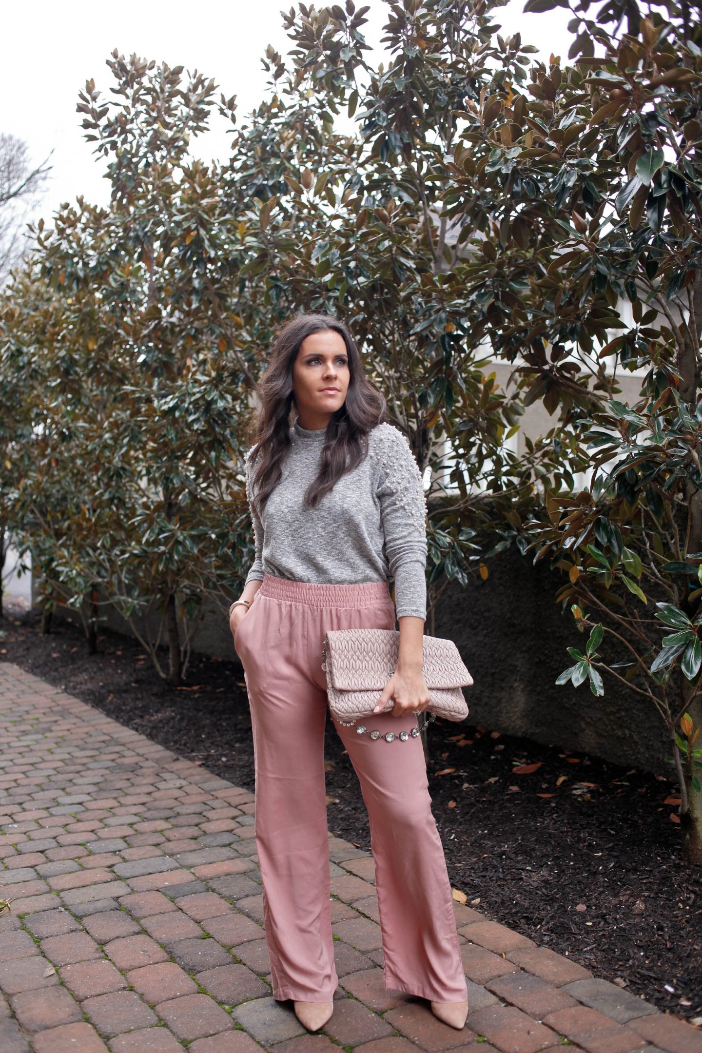 pearl sweater and pink pants